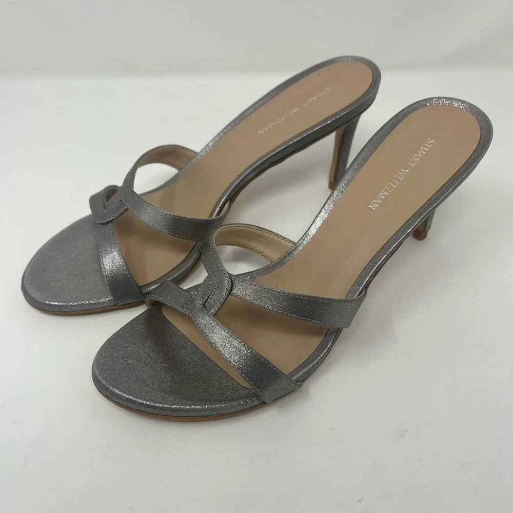 STUART WEITZMAN Soiree Sleek 75 Sandals Size 7 B Heel Shimmer Satin NEW w/box